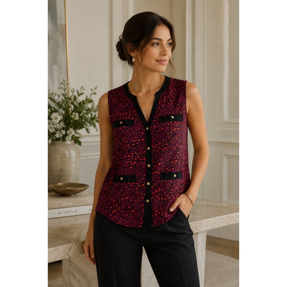 AQUA Sleeveless Blouse Womens‎ XS Magenta Leopard Print Animal Chic Top